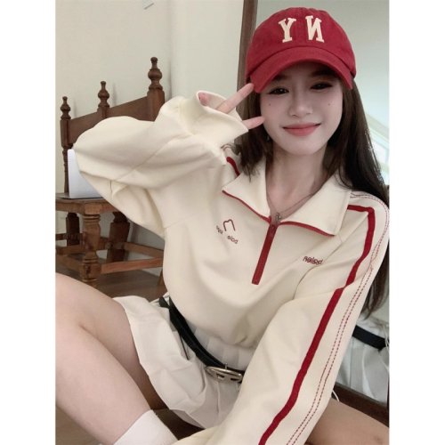 Stand collar long-sleeved sweatshirt for women autumn Korean version  new sports style contrast color short drawstring jacket