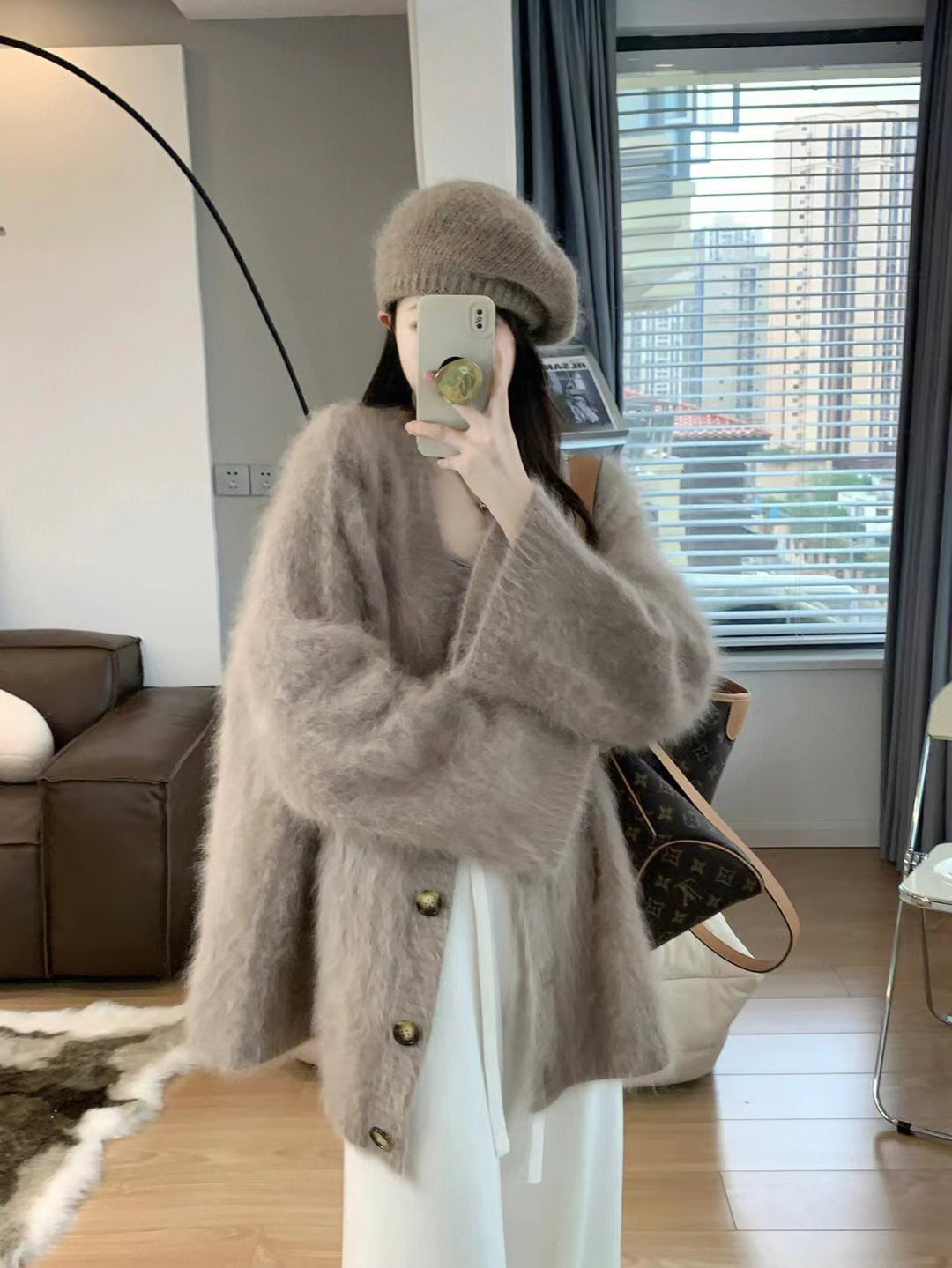復古v領水貂絨毛衣外套女秋冬季加厚外穿寬鬆溫柔慵懶風針織開衫