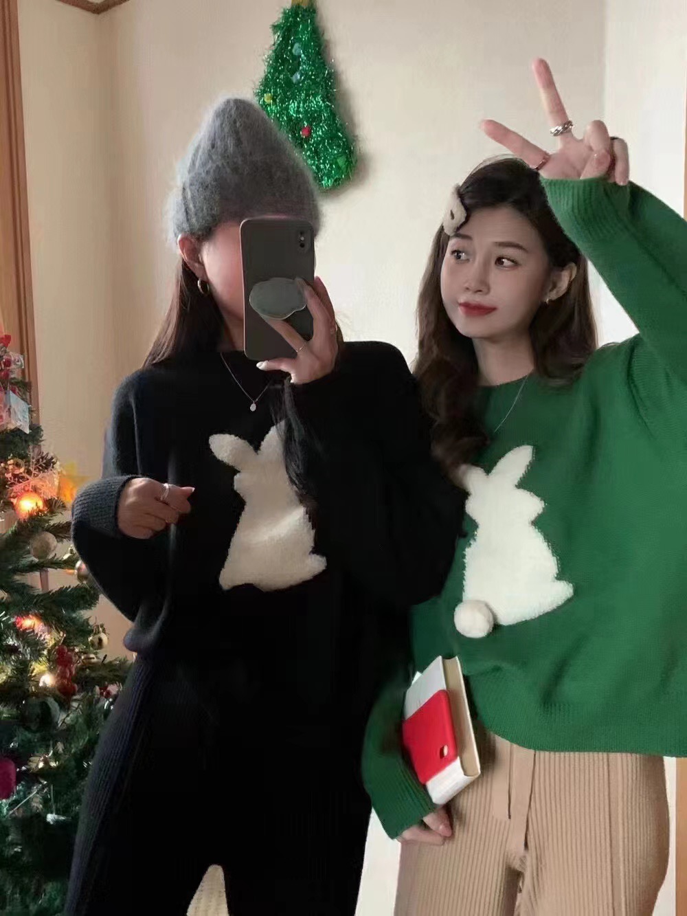 時尚閨蜜新年氛圍感車厘子紅慵懶風毛衣復古設計兔子寬鬆針織上衣