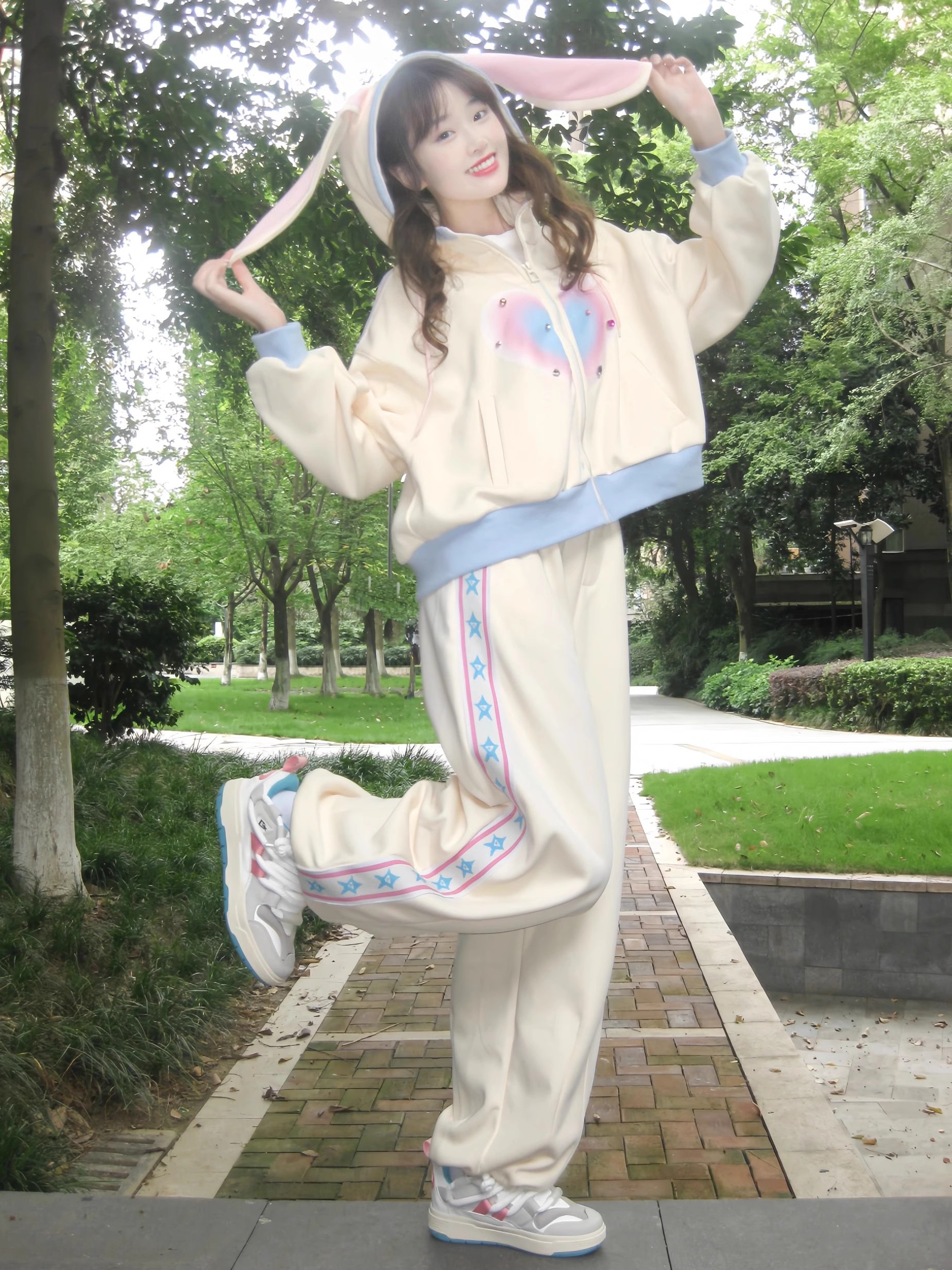 學院風可愛休閒運動服套裝女秋冬季加絨加厚衛衣闊腿褲跑步兩件套