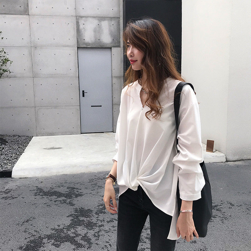 大碼女裝新款簡約氣質襯衫女秋季 百搭長袖上衣寬鬆BF襯衣打底衫