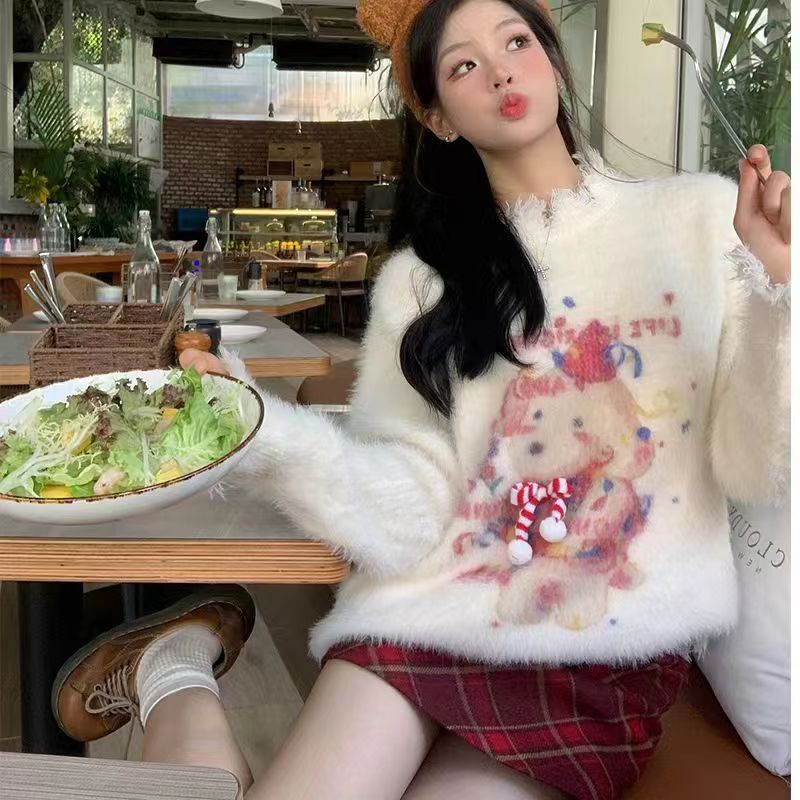 秋聖誕小狗毛衣立體蝴蝶結設計不規則下擺破壞針織衫
