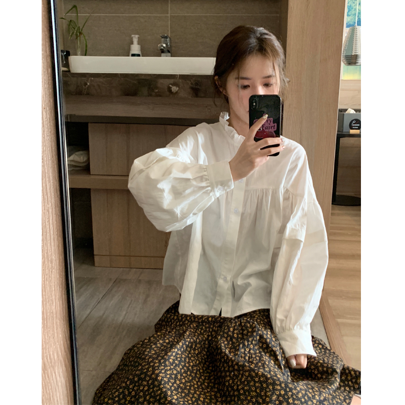 法式復古高級感洋氣氣質甜美長袖花邊領燈籠袖內搭白色襯衫上衣女