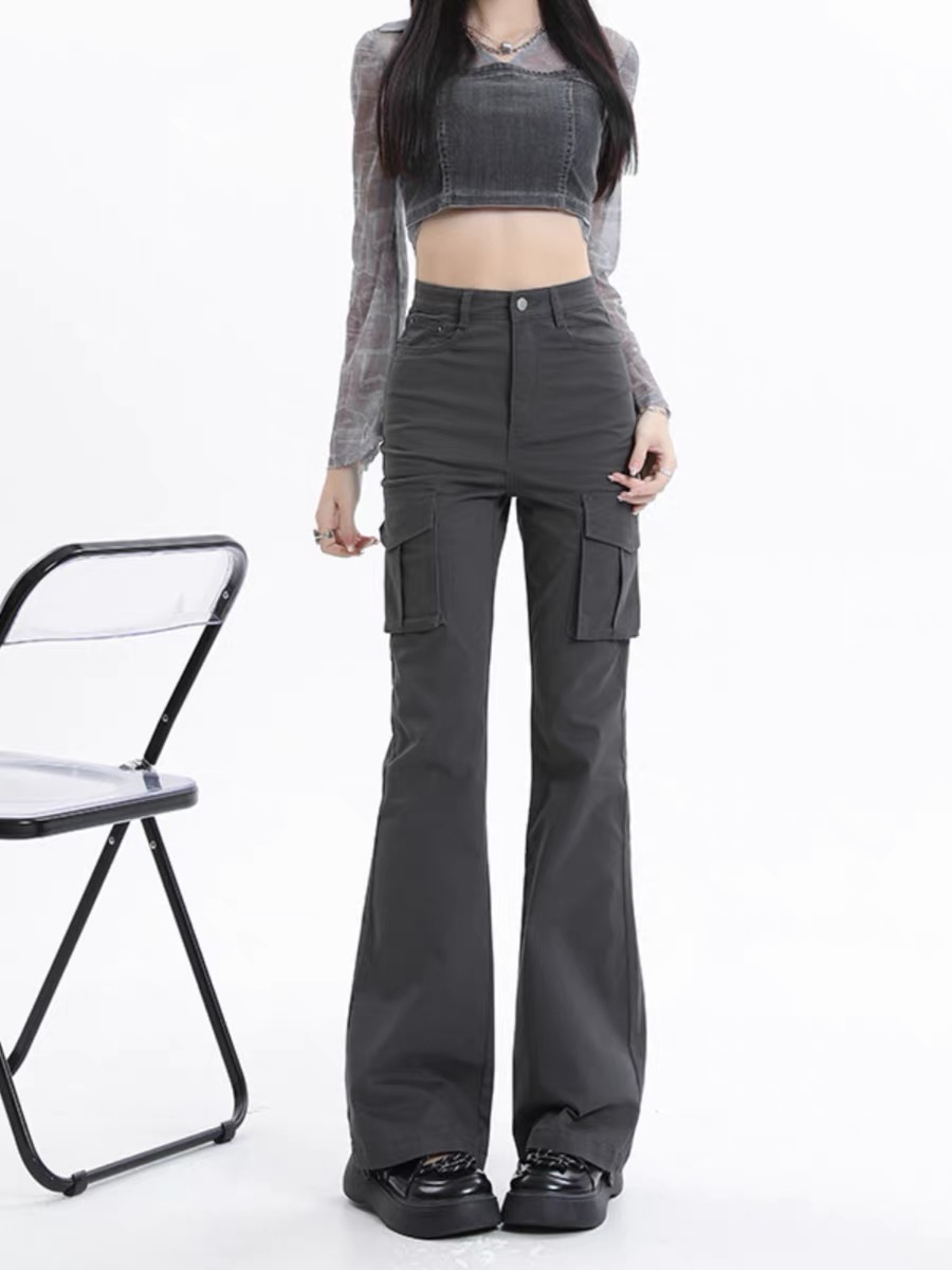 美式灰色微喇工裝褲女小個子秋冬2023新款高腰顯瘦辣妹休閒馬蹄褲