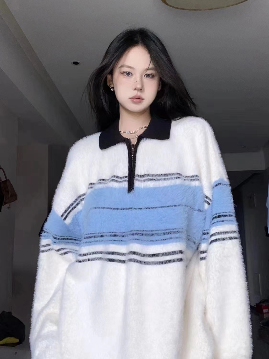 美式復古潮牌條紋翻領毛衣女半拉鏈polo領秋冬針織衫上衣
