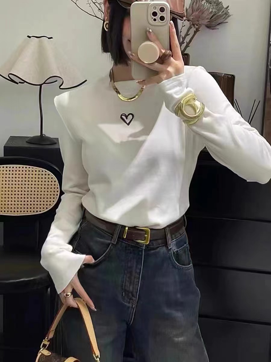 愛心刺繡套頭長袖打底衫女歐貨2023秋冬新款彈力顯瘦加絨上衣t恤