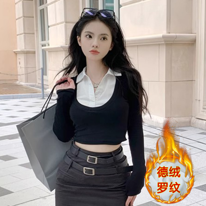 德絨假兩件短款長袖T恤女秋冬拼接氣質辣妹內搭上衣襯衫