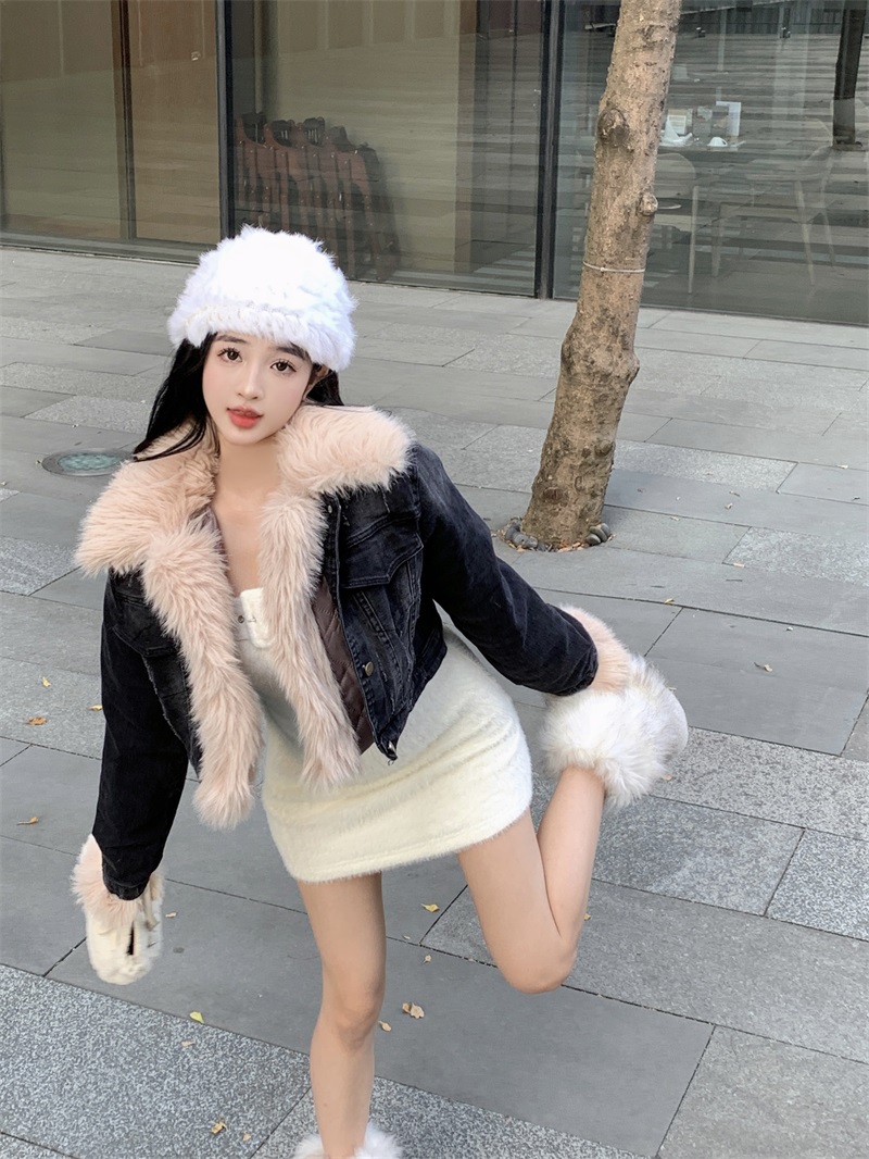 實拍浮世繪貴氣百搭環保毛領拼接冬季牛仔短款棉衣外套女