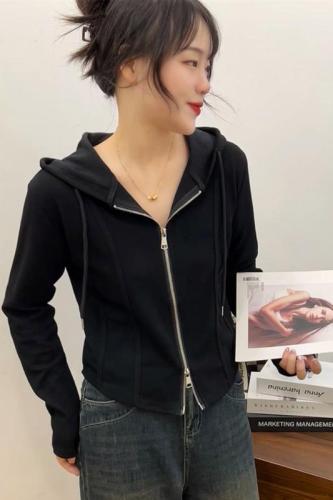 Korean style double zipper design hooded cardigan for women 2023 autumn slim casual short coat