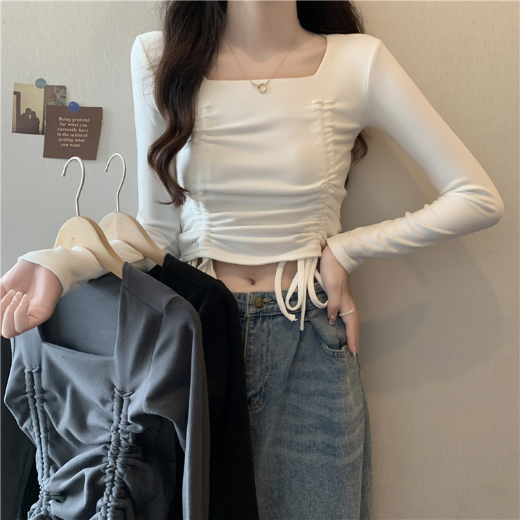 純欲顯瘦方領打底衫設計感抽繩綁帶修身短款上衣女