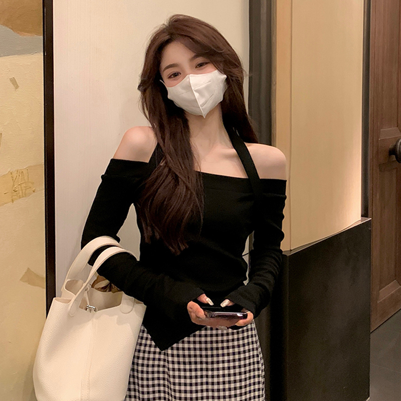 雙面德絨磨毛辣妹風T恤女長袖秋季保暖修身掛脖一字領上衣打底衫
