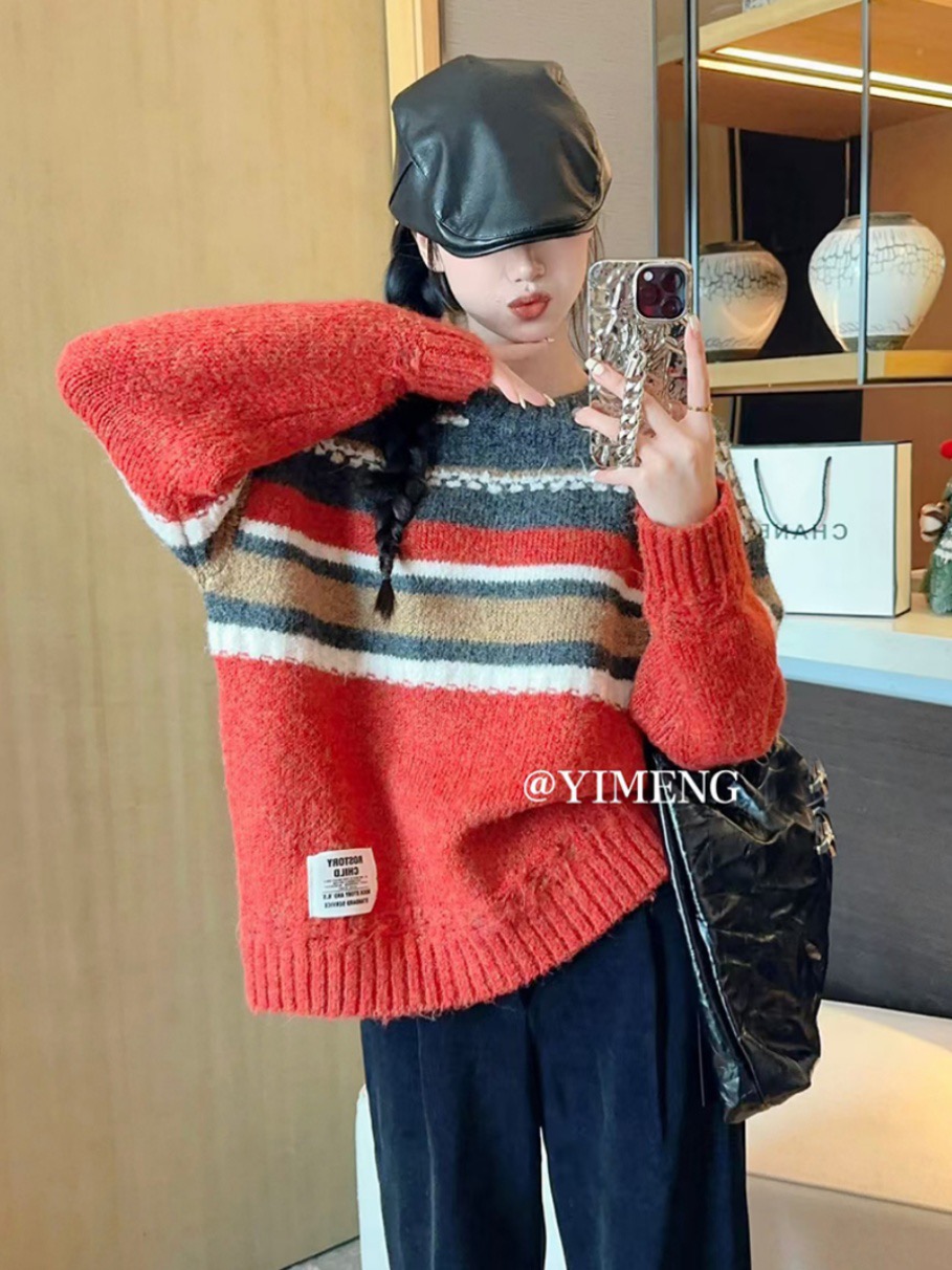 彩色條紋軟糯套頭毛衣女2023秋冬季新款加厚寬鬆慵懶風針織衫上衣