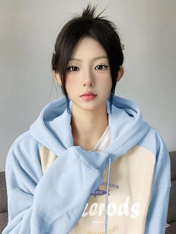 重磅！閉眼入拼接插肩連帽衛衣女2023新款加絨寬鬆小眾慵懶風外套