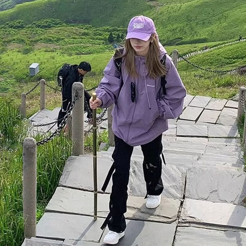 American retro purple jacket jacket for women spring and autumn new loose hooded outdoor hiking wear couple jacket trendy