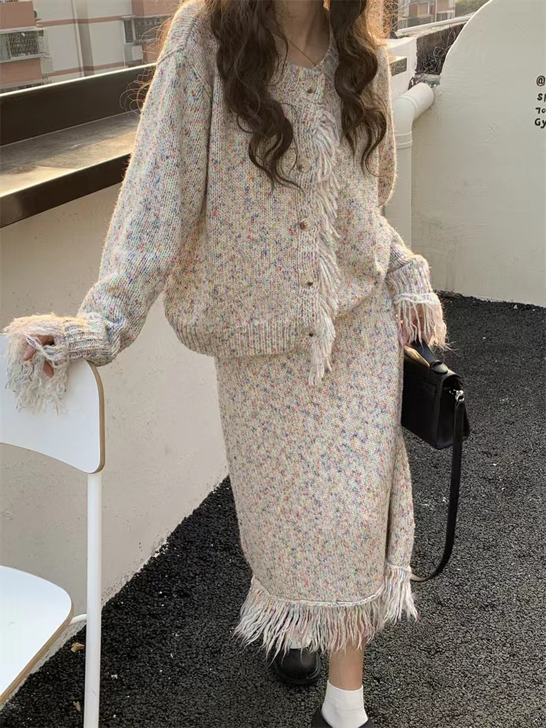 SuYin流蘇針織開衫套裝女秋冬網紅炸街小個子高級感半裙子兩件套