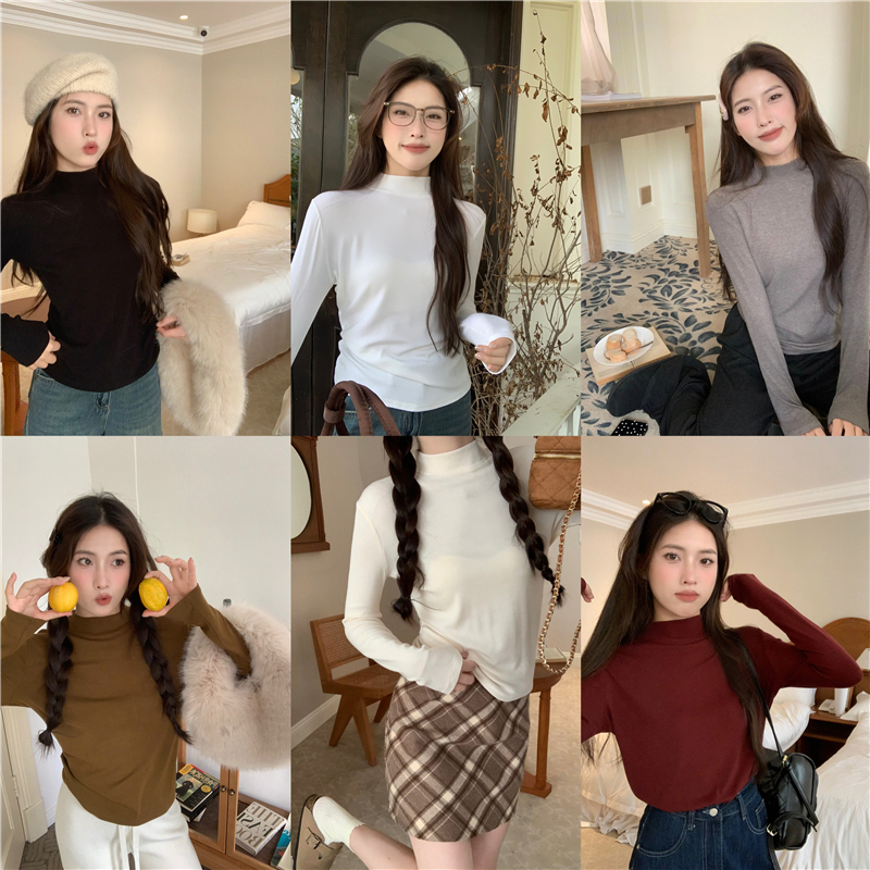 實拍 新款 磨毛加厚半高領長袖內搭T恤上衣女韓版打底衫