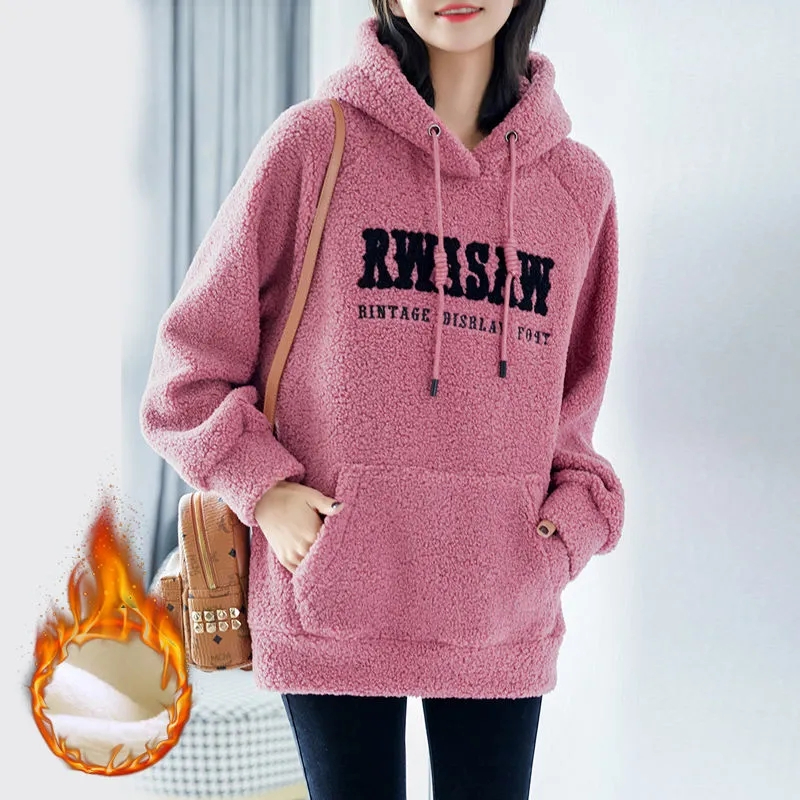加絨加厚仿羊羔連帽衛衣女秋冬新款寬鬆大碼刺繡字母保暖外套