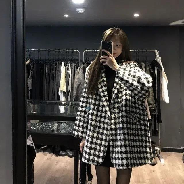秋冬季新款寬鬆毛呢外套女千鳥格中長款呢子大衣毛呢西裝外套女