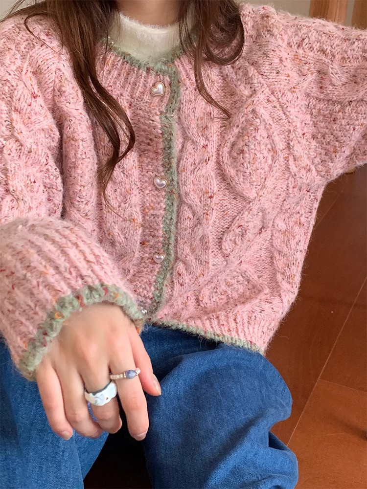 彩點麻花毛衣開衫女秋冬新款復古小眾設計感針織外套溫柔清新上衣