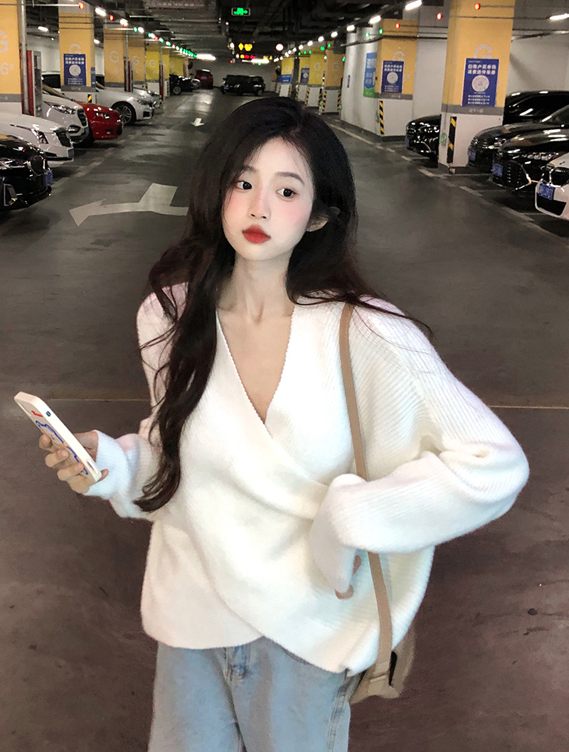 實拍~韓版不規則v領針織衫女冬毛衣寬鬆顯瘦