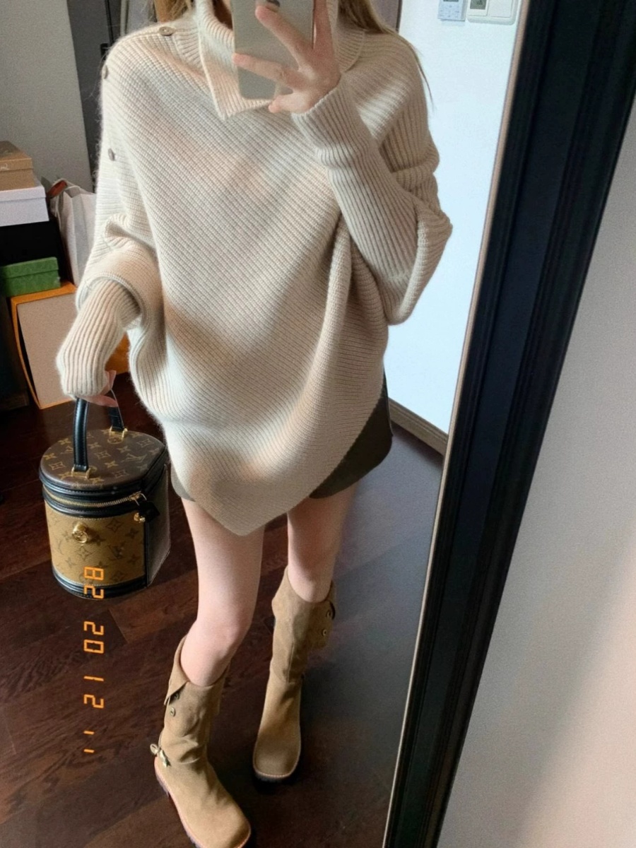 設計感不規則高領毛衣女秋冬寬鬆軟糯長袖斗篷慵懶風加厚針織上衣
