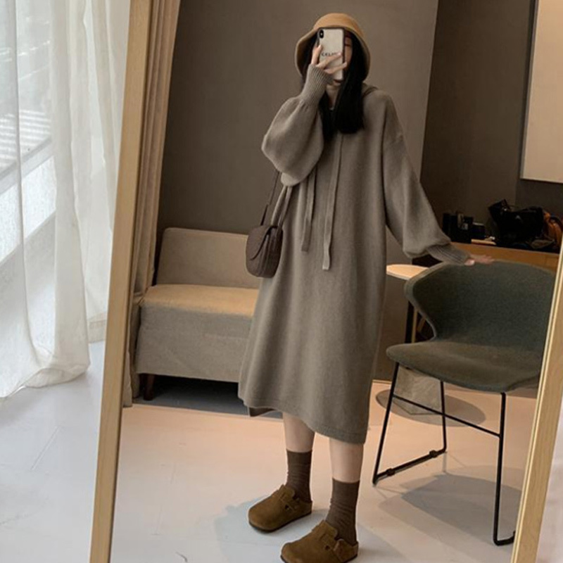 孕婦春秋連衣裙時髦外出加厚毛衣裙寬鬆連帽外穿秋冬保暖套裝長裙