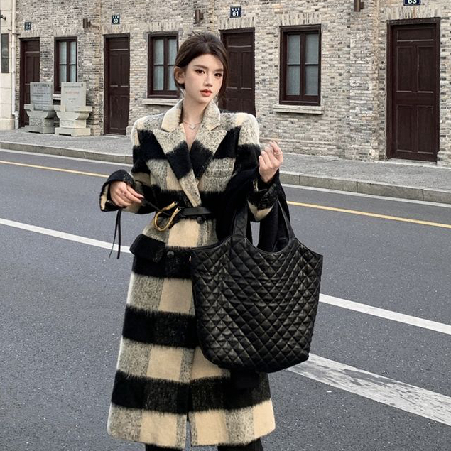 復古氣質韓系高級設計感毛呢外套加厚格子中長款呢大衣女秋冬新款