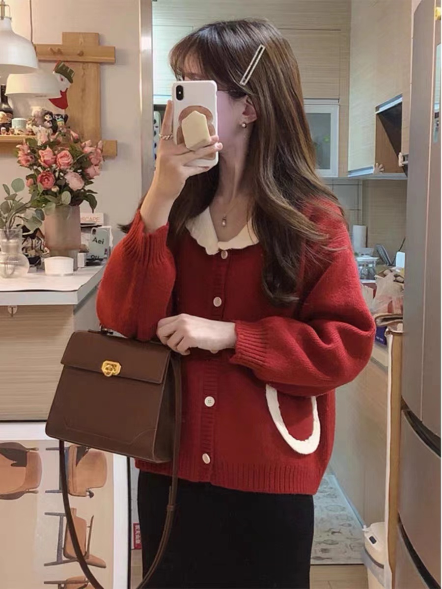 春秋款女2023年新款奶系紅色毛衣女秋冬季溫柔系針織開衫外套上衣