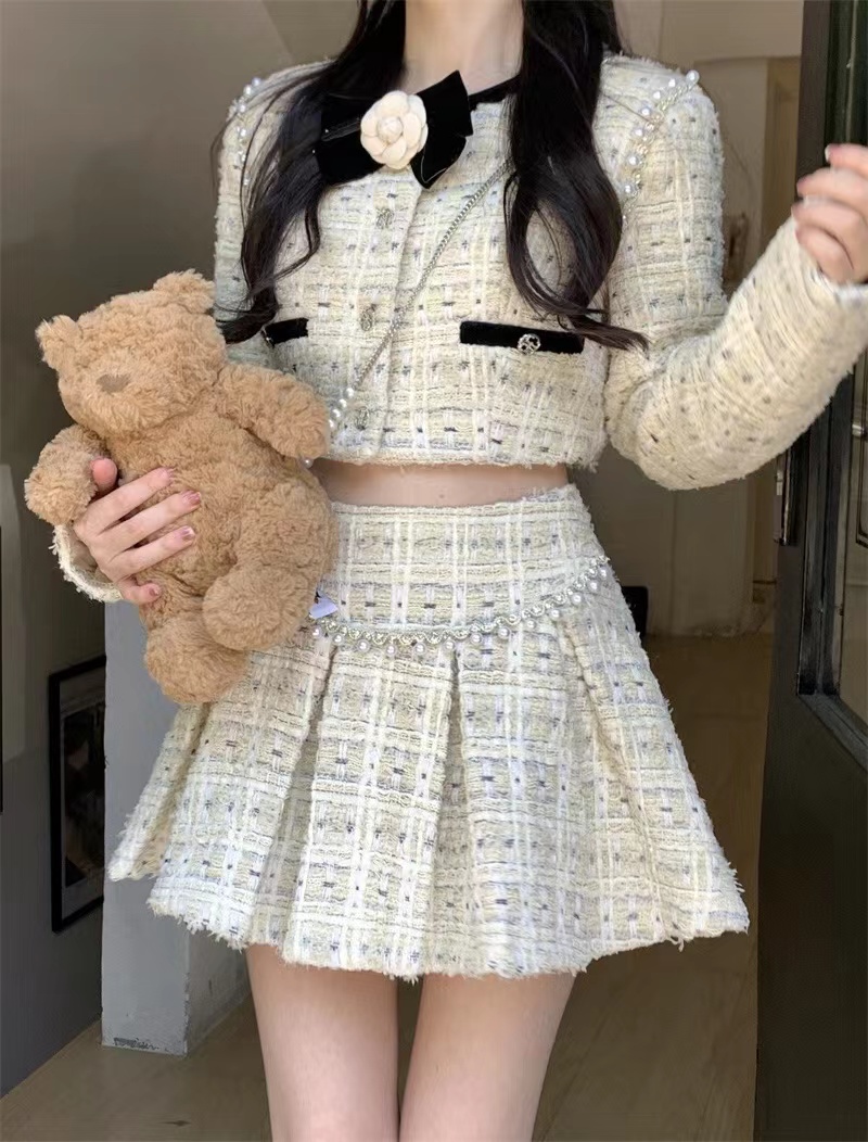 芭比姨學院風小香風外套套裝女秋季2023新款重工百褶半身裙兩件套