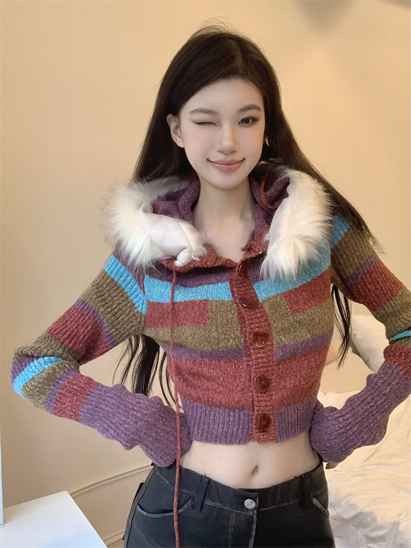 實拍 韓版彩色氣質顯瘦慵懶風針織連帽開衫外套+配毛領