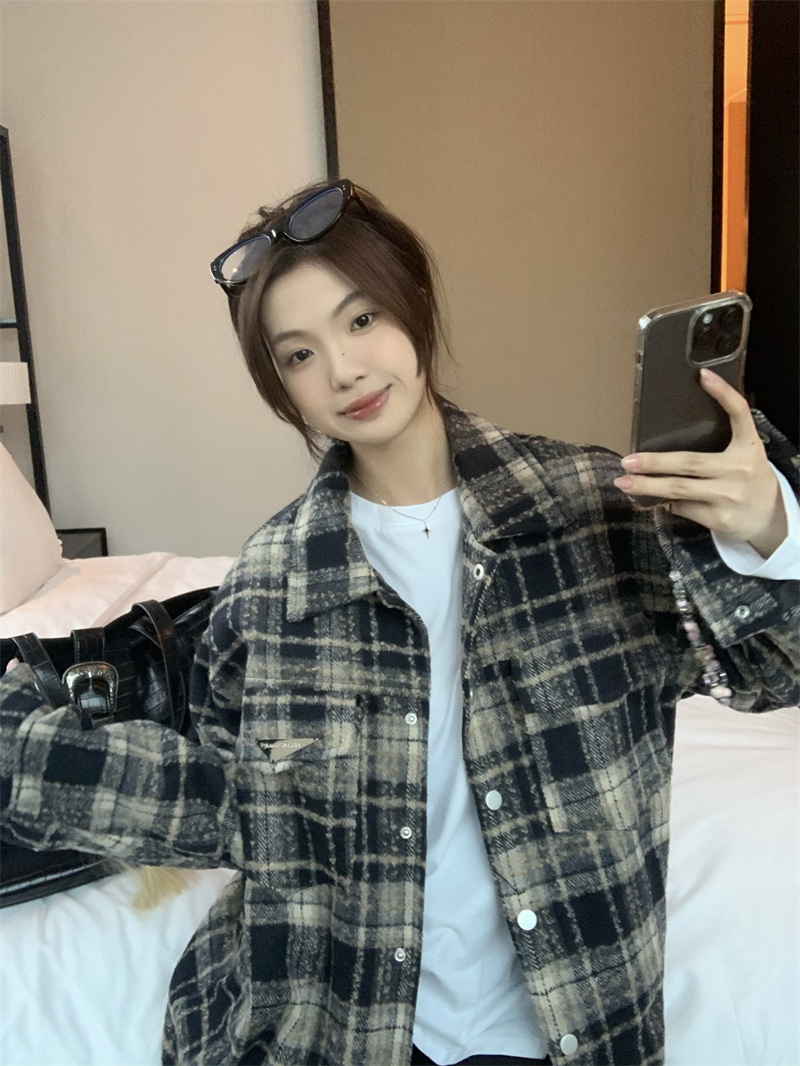 實拍 美式復古格子毛呢百搭翻領寬鬆夾克夾棉長袖外套