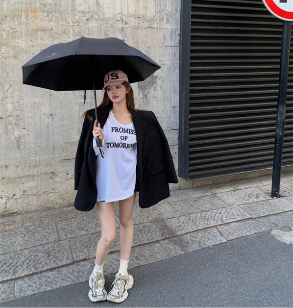 實拍～ 圓領寬鬆中長款側開叉字母白色磨毛厚T恤女打底長袖上衣女
