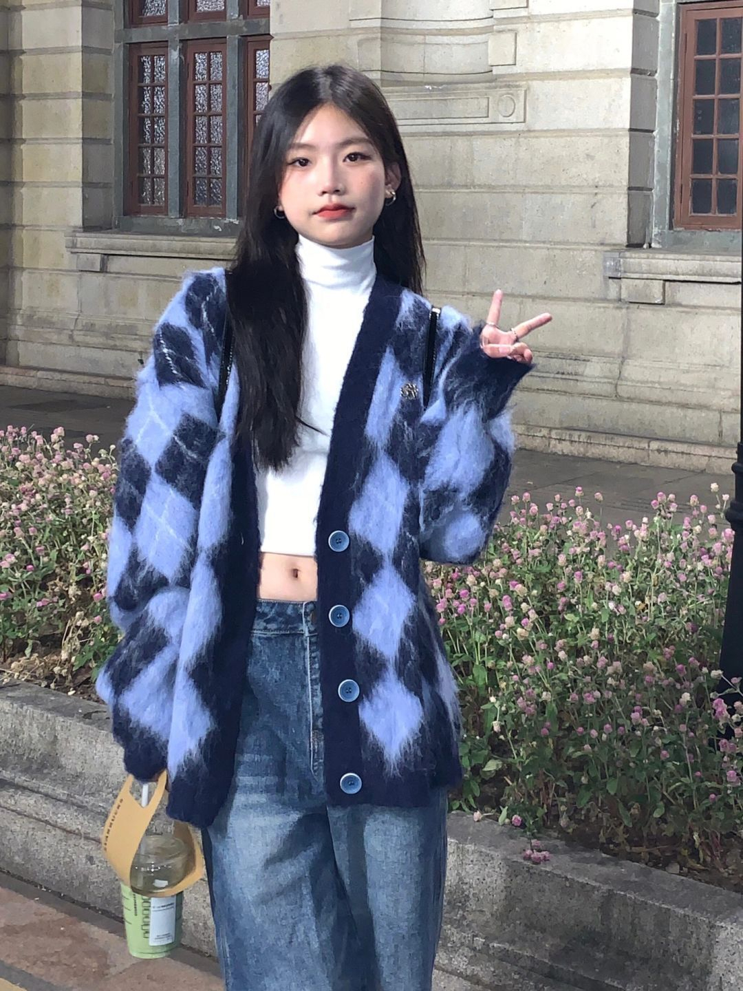 軟糯菱格毛衣女秋冬寬鬆溫柔風v領針織開衫外套