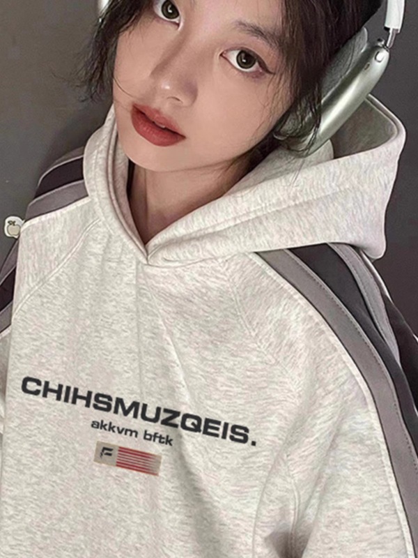 oversize撞色花灰色連帽衛衣女裝秋冬設計感小眾寬鬆外套上衣
