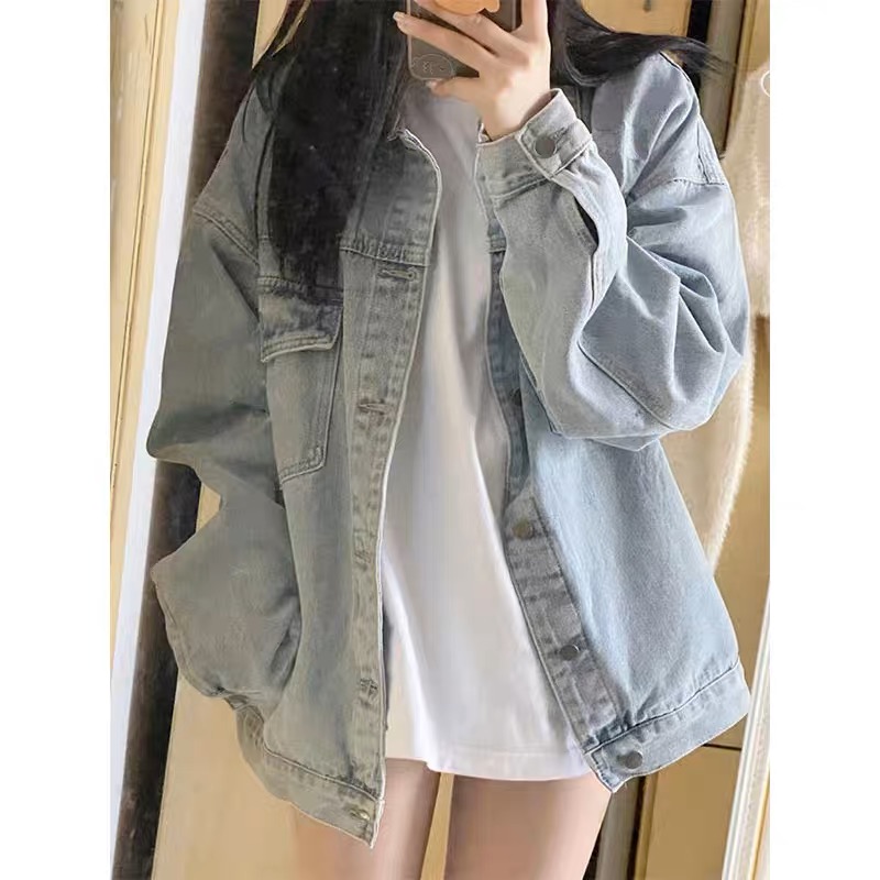 美式復古藍色牛仔外套女春秋2023新款寬鬆百搭設計感小眾襯衫外套