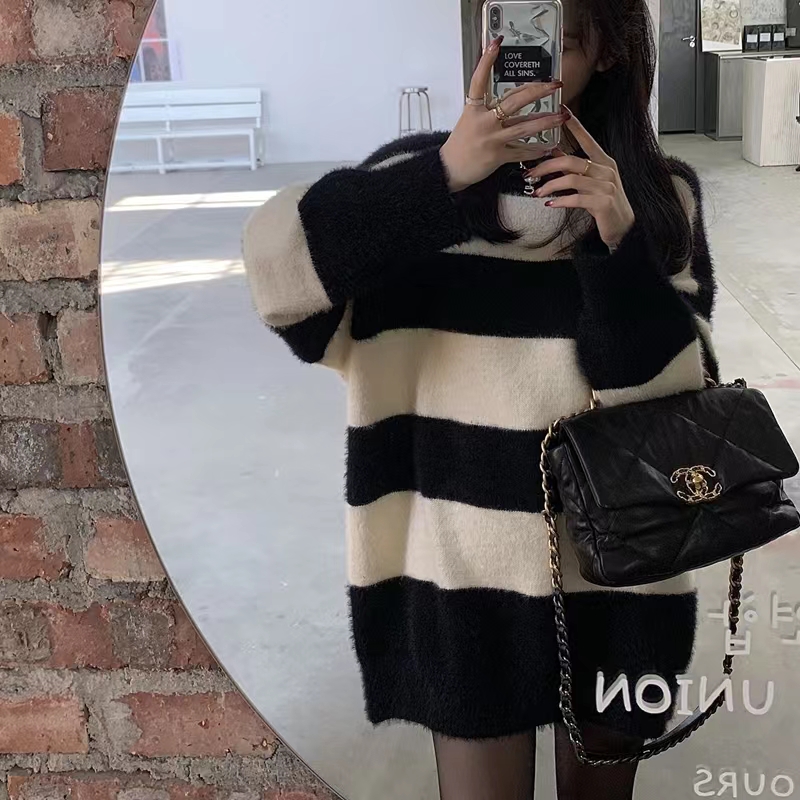 水貂絨條紋設計感ins韓系秋冬毛衣女2023新款加厚寬鬆外穿慵懶風