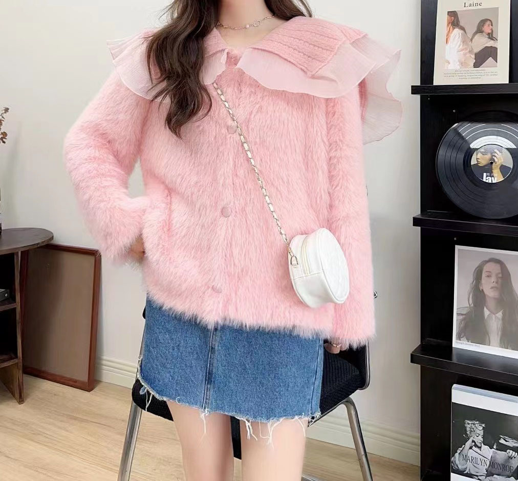 實拍粉色毛衣女秋冬2023新款寬鬆開衫軟糯水貂絨外套娃娃領毛絨衫