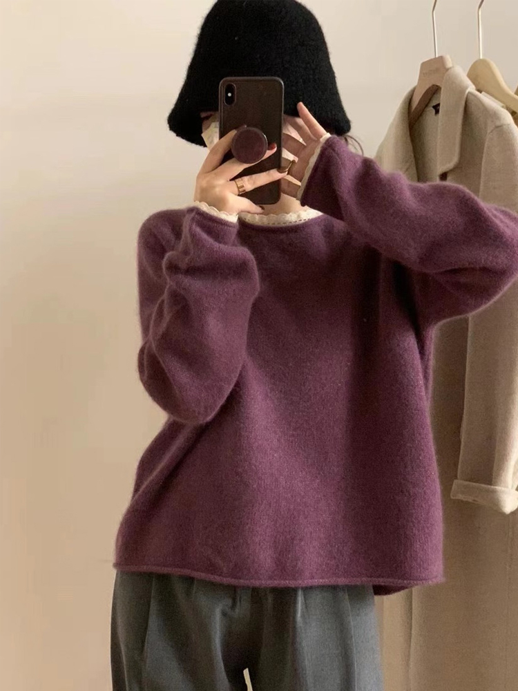 韓國東大門冬季新款甜美圓領軟糯蕾絲邊打底針織衫女長袖寬鬆毛衣