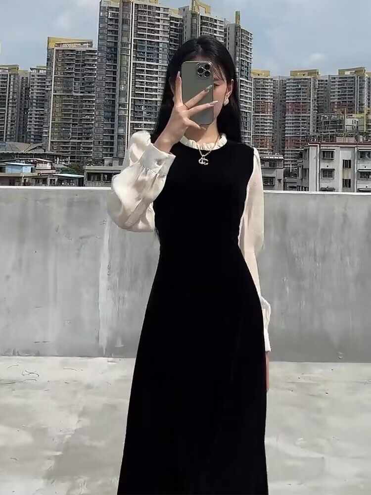 小個子長袖假兩件套裝絲絨連衣裙子秋冬季2023新款女裝長裙高級感