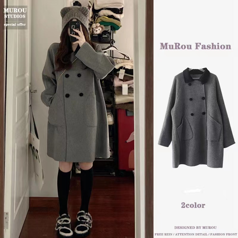 Retro college contrasting color mid-length woolen coat for women small Korean style loose slimming versatile woolen coat for women