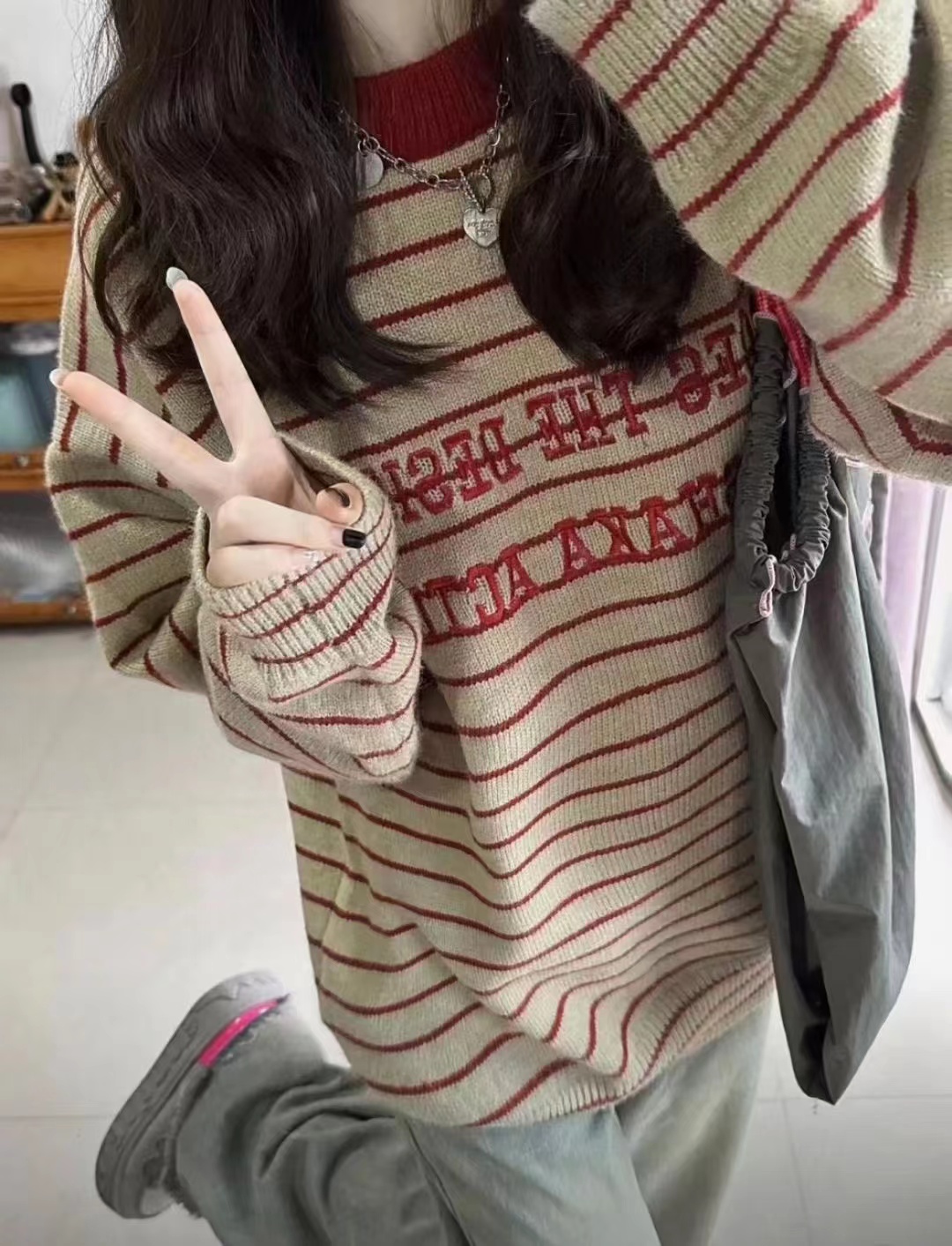 撞色條紋毛衣女套頭圓領秋冬新款寬鬆慵懶風美式復古針織加厚上衣