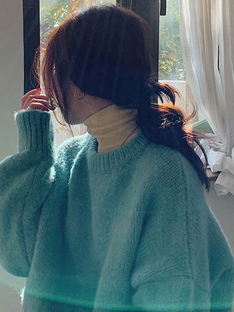 2023秋冬新款高級感慵懶風加厚軟糯藍色浣熊絨毛衣女冬季內搭