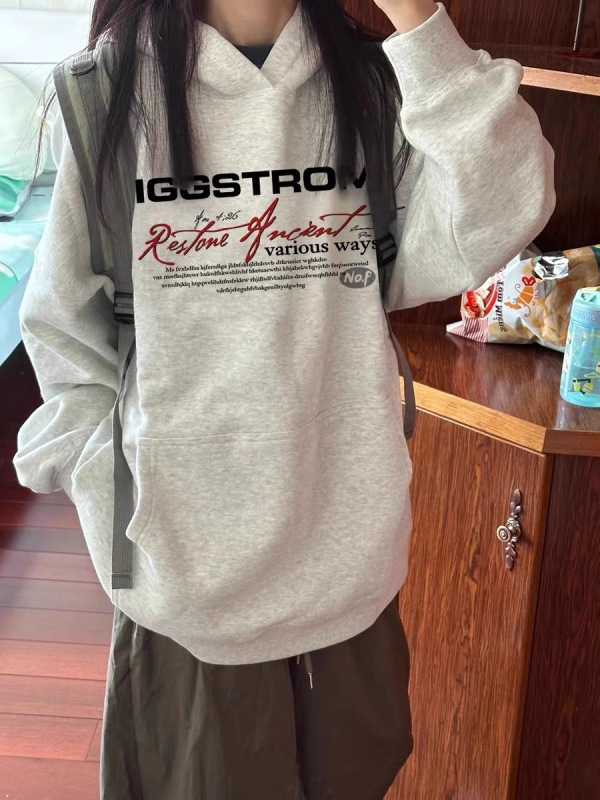 灰色連帽慵懶風美式復古衛衣女秋冬寬鬆重磅純棉潮牌加絨加厚外套