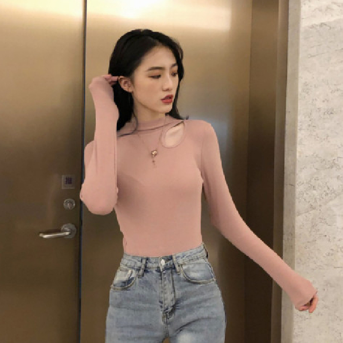 別致半高領長袖T恤女春裝設計感小眾內搭打底衫小上衣洋氣高級感