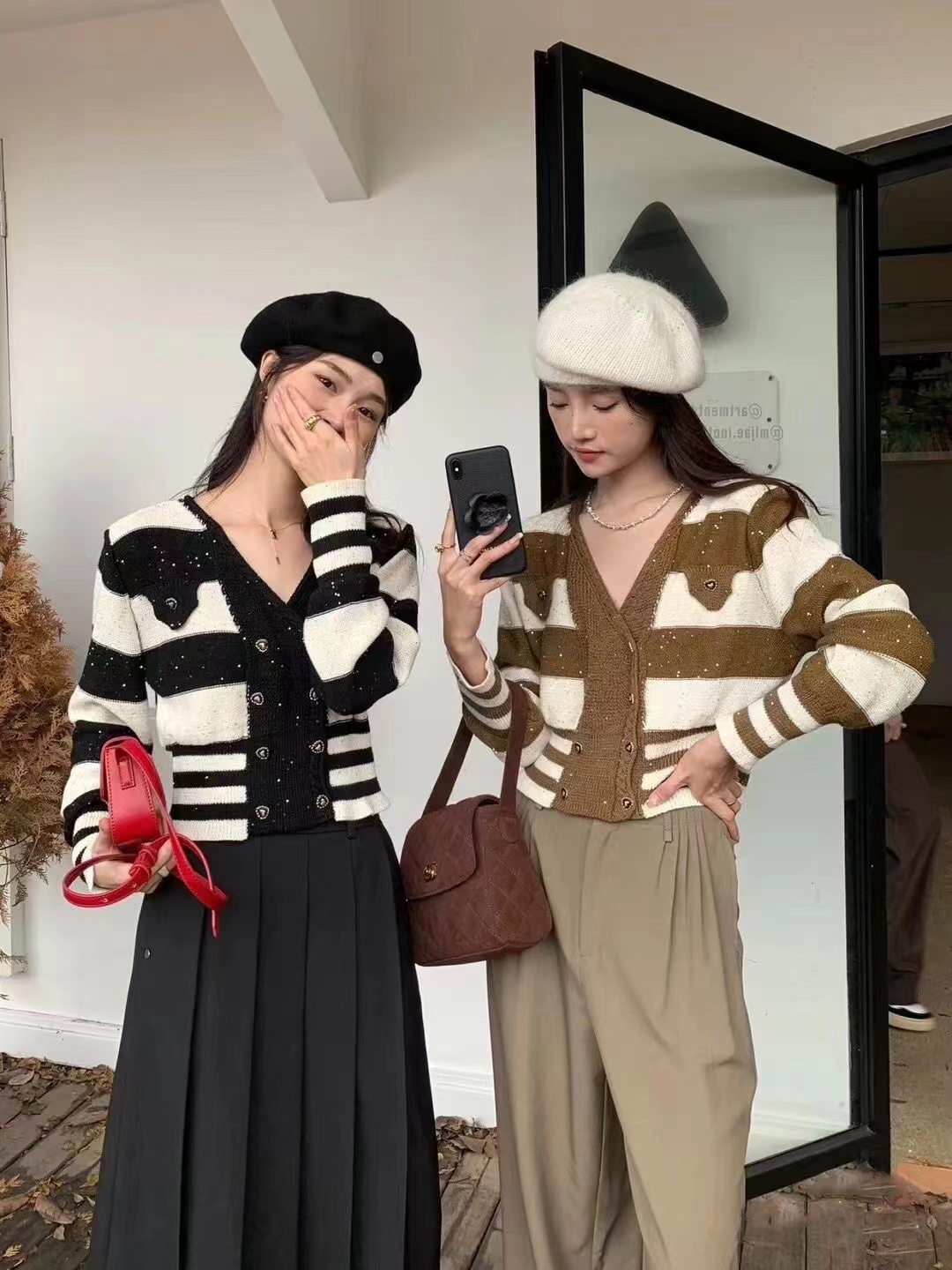 十三行2023早秋小香風氣質v領雙排扣條紋收腰毛衣亮片百搭上衣女