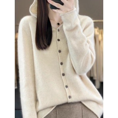  Autumn Simple Solid Color Casual Loose Wool Knitwear Women's Curled Lazy Style Autumn and Winter Style Hooded Cardigan