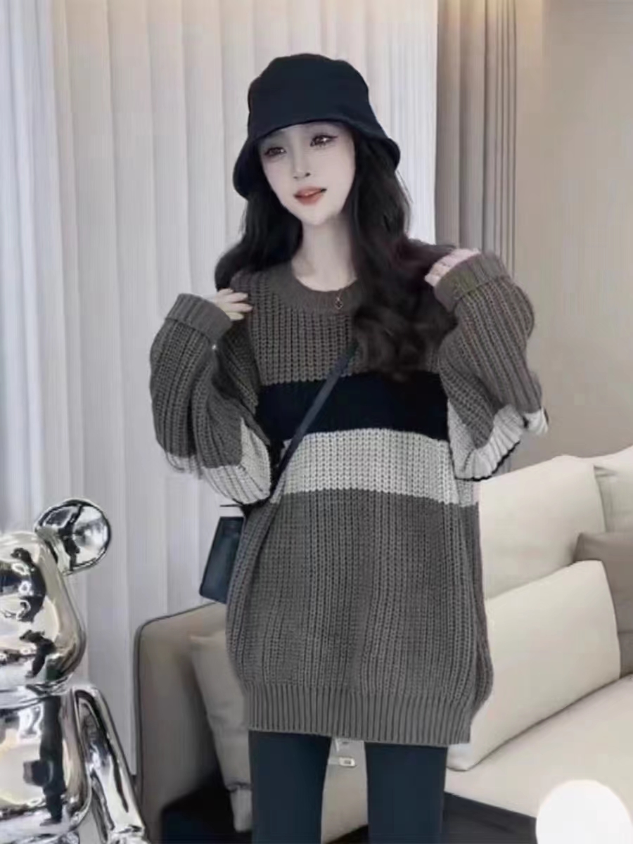 慵懶風套頭撞色條紋毛衣女秋裝新款寬鬆百搭洋氣chic圓領長袖上衣
