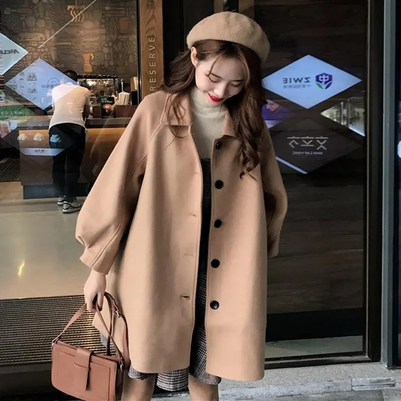 新款秋冬季毛呢襯衫外套女學生中長款韓版寬鬆小個子百搭呢子大衣