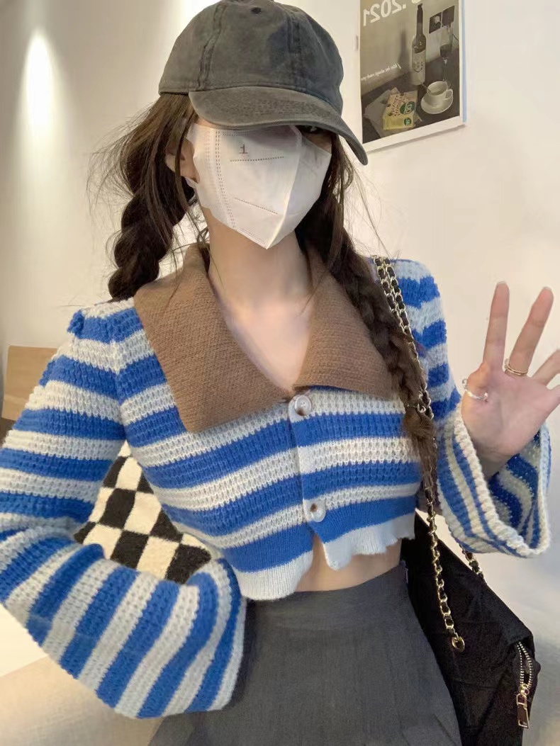 辣妹復古條紋短款長袖毛衣針織開衫女春秋季設計感小眾polo領上衣