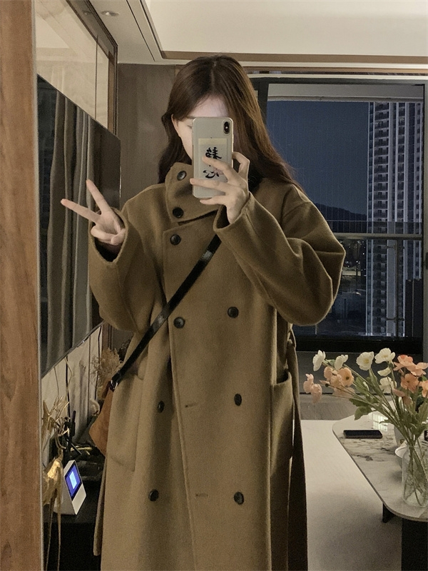 韓系雙排扣毛呢外套女秋冬2023新款洋氣寬鬆中長款呢子大衣